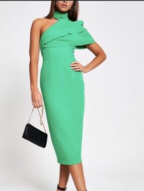 River Island Green Origami 3D Folded One-Shoulder Body Con Midi High Neck Dress
